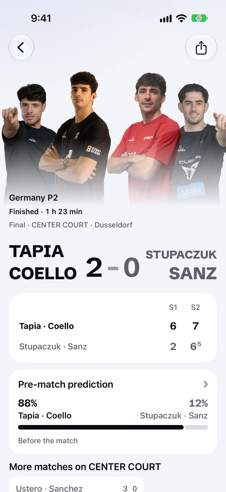 PadelBump match detail with the score