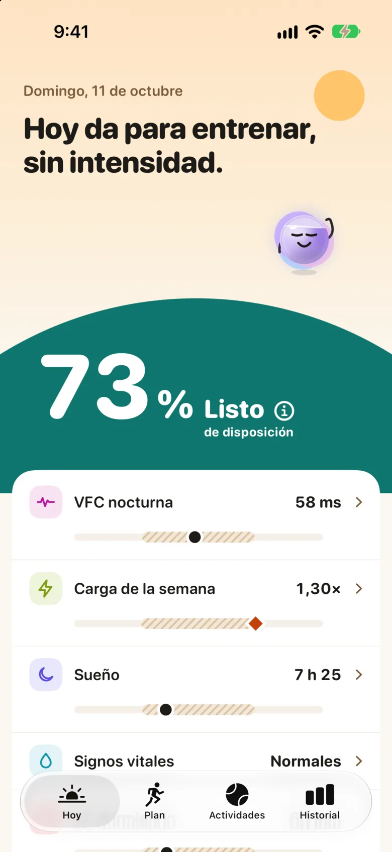Pila Today screen with the readiness score (sample data)