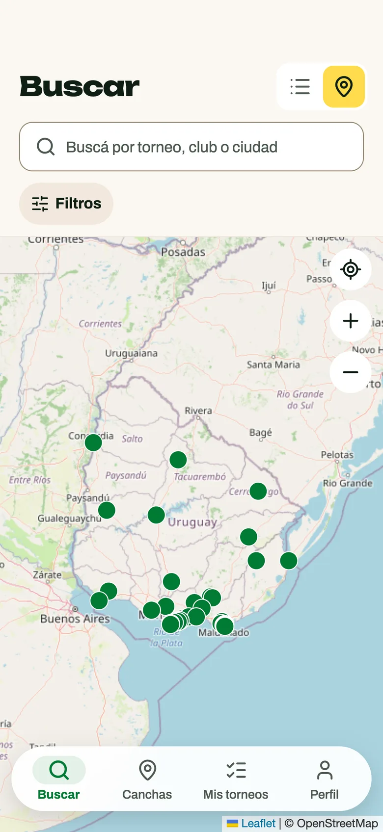 TorneosPadelUy map of tournaments